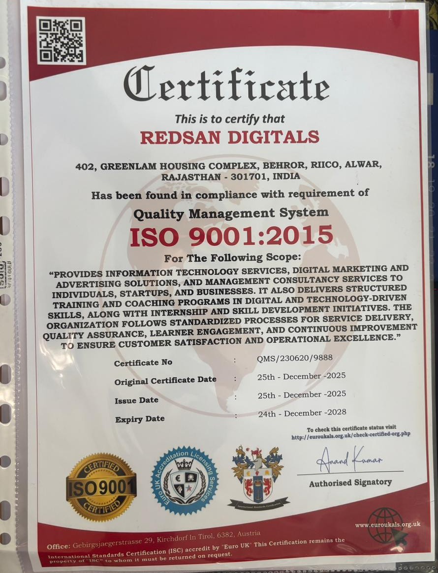 ISO 9001:2015 Registration Certificate for Redsan Digitals